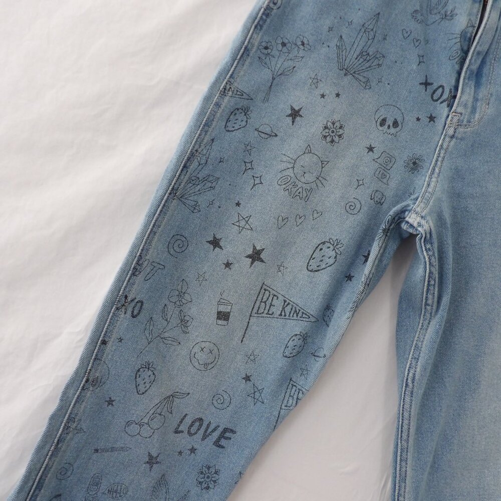 Hollister Light Blue Cropped Jeans with Black Doodle Print